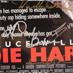 Die Hard (1988) cast signed movie poster, signatures to include Bruce Willis, Bonnie Bedelia, Reginald VelJohnson, William Atherton, Hart Bochner, James Shigeta, Alan Rickman, Bruno Doyon, Andreas Wisniewski and John McTiernan, framed with certificate of authenticity from RICA verso, frame H57cm, W42cm
