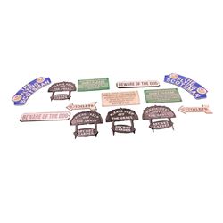 Collection of cast iron signs, including The Flying Scotsman, Quite please, Beware of the dog etc 