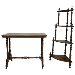 Victorian walnut corner whatnot, four graduating tiers each inlaid with urn motif, on twist turned supports (W60cm, H129cm); late Victorian walnut stretcher table, rectangular moulded top with canted corners, on turned pillar supports united by turned stretchers (89cm x 43cm, H68cm)