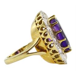 18ct gold radiant cut amethyst and old cut diamond cluster ring, hallmarked, amethyst approx 13.7mm x 12mm x depth of approx 5mm, total diamond weight approx 1.70 carat