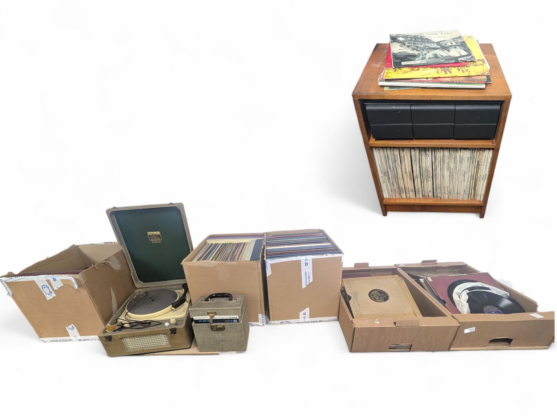 Large collection of vinyl LPs, together with a small collection of 7 inch vinyl records and CDs, with a Dansette record player and a small Hi-Fi cabinet