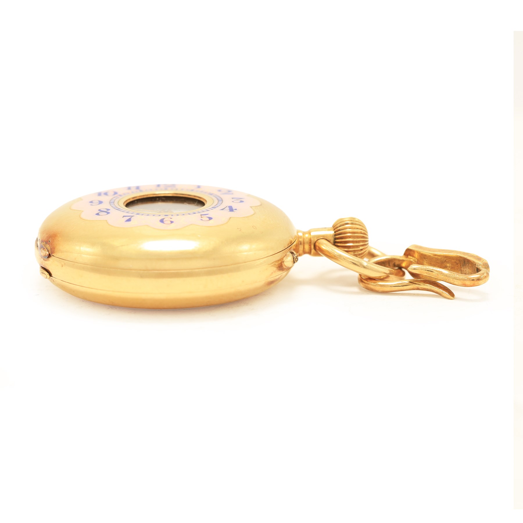 Early 20th century 18ct gold half hunter keyless lever fob watch by Asprey, white enamel dial with Arabic hour markers, the back case engraved with name stamped 18K with Helvetia hallmark, on 15ct gold pearl pendant