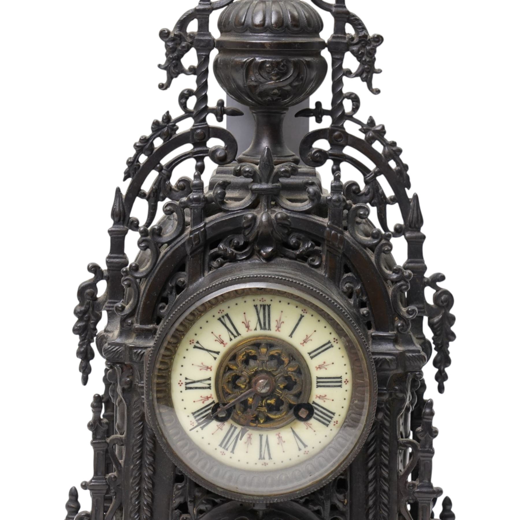 Late 19th century mantel clock with ivorine dial, bell strike, in cast metal case and a 365 day clock under glass dome shade