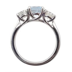 Platinum three stone round aquamarine and round brilliant cut ring, hallmarked, aquamarine approx 1.00 carat, total diamond weight approx 1.00 carat