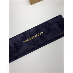 A group of pens, comprising Parker Duofold Centennial pearl and black ballpoint pen, Parker Frontier ballpoint pen, Ronson Penciliter, in original box, Parker Rialto fountain pen, and a further unmarked ballpoint. (5). 