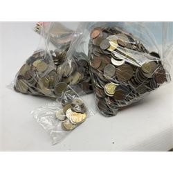 Coins including Great British pre-decimal, pre-Euro coinage, small number of banknotes, Great British Queen Elizabeth II 'kiloware' stamps on pieces, other stamps etc - collected at Filey Post Office and being sold in aid of Filey Rotary Club