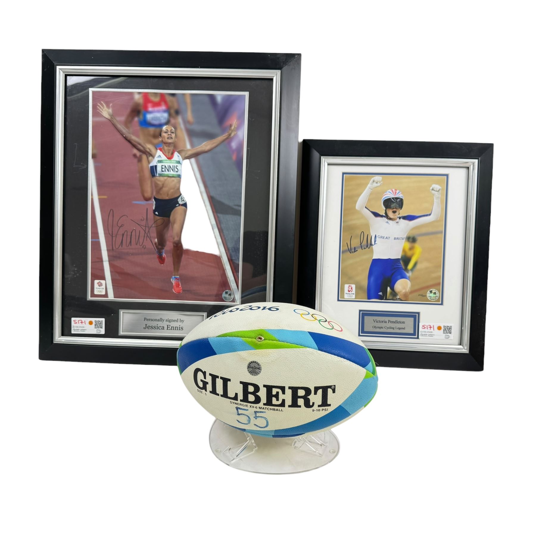 2016 Rio Olympics match used rugby ball, Women's Pool Round Canada vs Great Britain, with authenticity hologram and acrylic display stand, together with two limited edition signed London 2012 Olympic colour photographs, the first depicting Jessica Ennis crossing the finish line, with her signature in black marker pen, the second depicting Victoria Pendleton in celebration, with her signature to the left hand side in black marker pen, both with 2012 Olympic Memorabilia authenticity holograms, largest frame H60cm