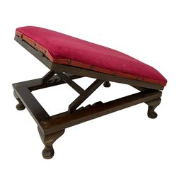 Early 20th century oak framed metamorphic gout stool, red upholstered seat