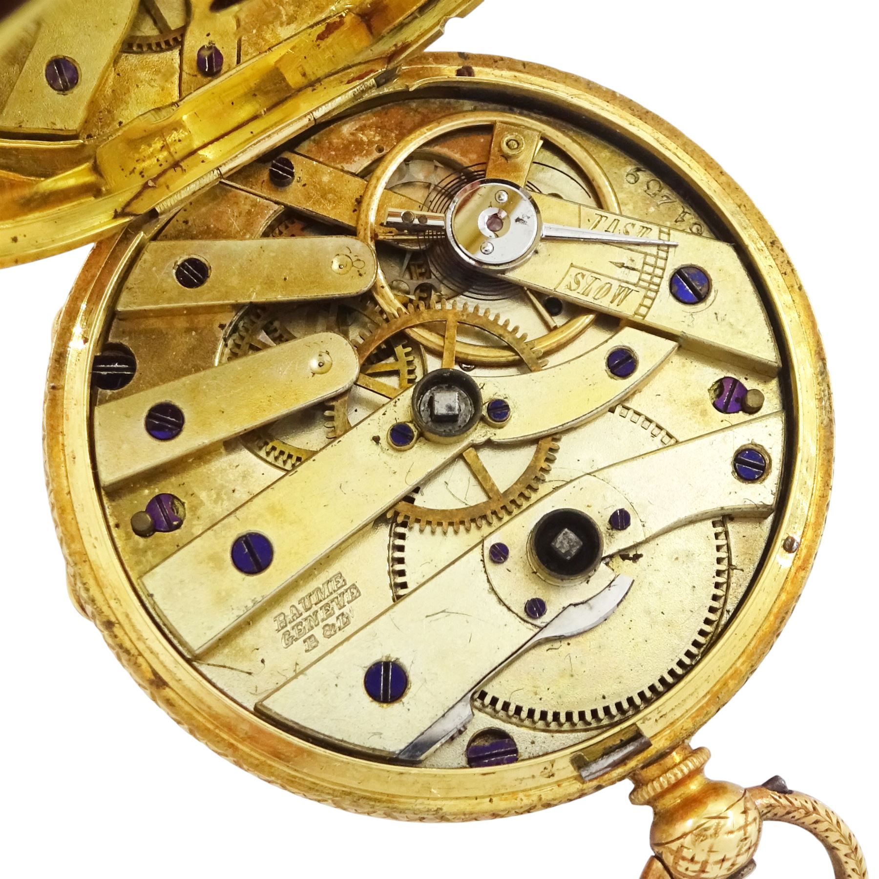 19th century 18ct gold open face key wound cylinder pocket watch by Baume, Geneve, gilt dial with Roman numeral hour markers, back case with engraved foliate decoration, stamped 18K