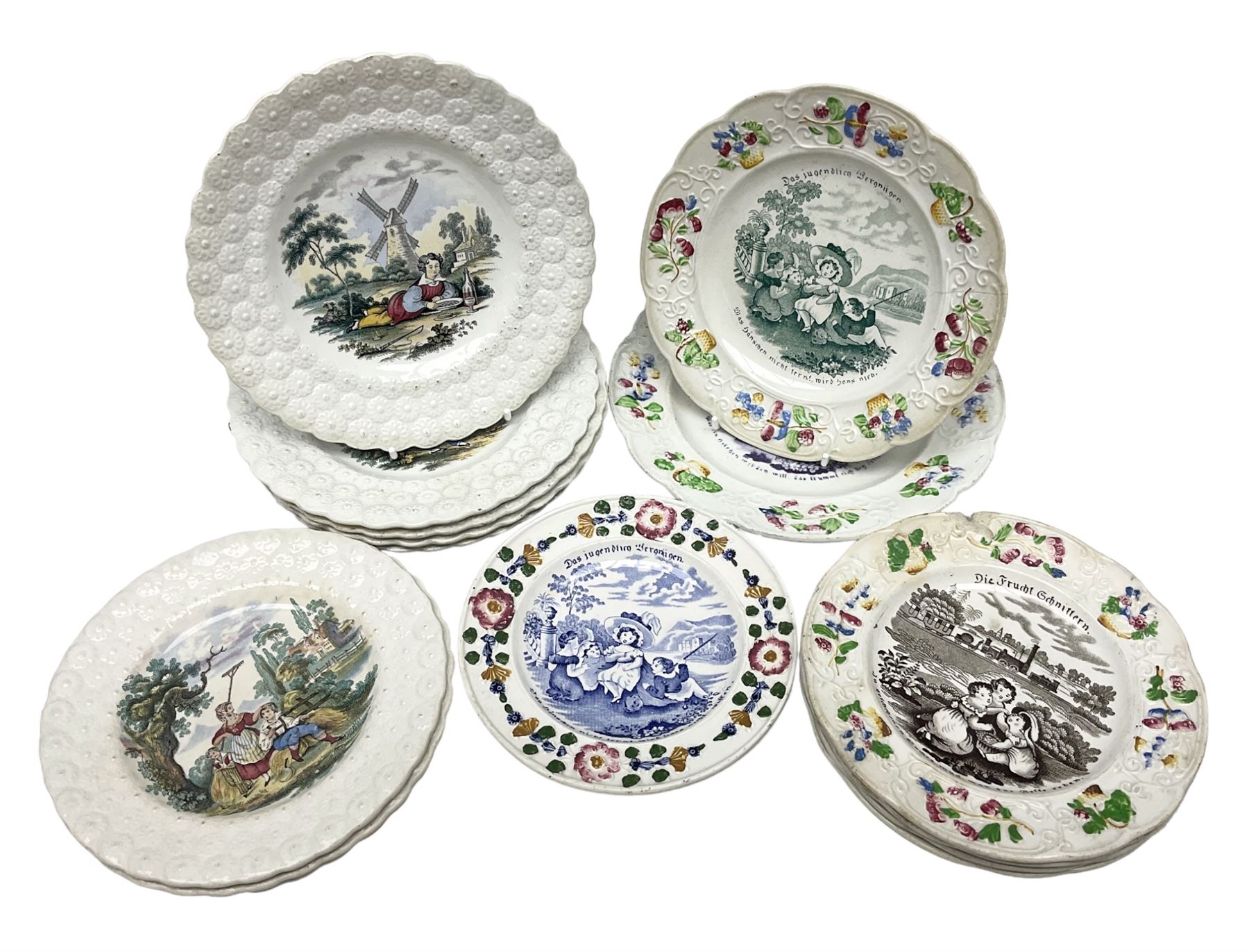Collection of 19th century William Smith & Co nursery plates, to include examples decorated in the pastime series, and similar, all with moulded floral borders