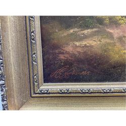 Andrew Grant Kurtis (British 1963-): Lakeside and Mountains, oil on canvas signed 49cm x 74cm; A Busch (British 20th Century): Cumbria, oil on canvas signed 49cm x 59cm (2)