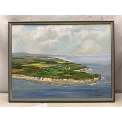 Don Micklethwaite (British 1936-): Aerial View of Flamborough Head, oil on board signed 45cm x 60cm; together with an impressionist oil signed Balmer (2)