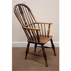 19th century ash and elm Windsor armchair, stick back with shaped and pierced splat, turned supports (W58cm) and a pair Victorian mahogany hall chairs, solid seat, turned supports (W42cm)  