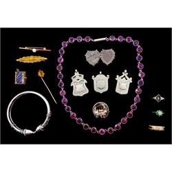 Victorian and later jewellery including 15ct gold brooch, silver purple paste stone necklace, two 9ct gold stone set rings, 9ct gold pearl and ruby brooch, silver stone set thistle brooch, black enamel and seed pearl ring, bangle, medallions and Mizpah brooch, gold citrine pin and a gilt Pickering souvenir pendant / charm