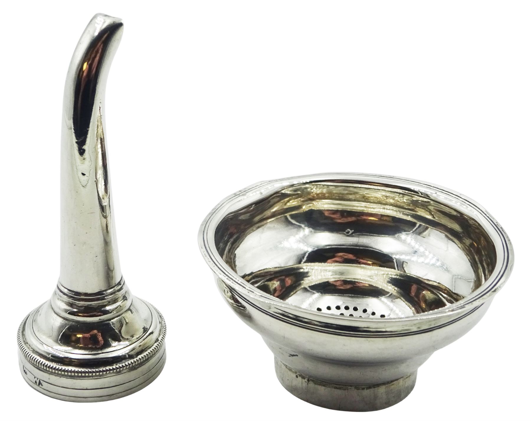 Silver wine funnel, probably George III, of plain typical form with shaped tang, hallmarks worn and indistinct possibly William Sumner, London, L11.5cm, approximate weight 1.52 ozt (47.5 grams)