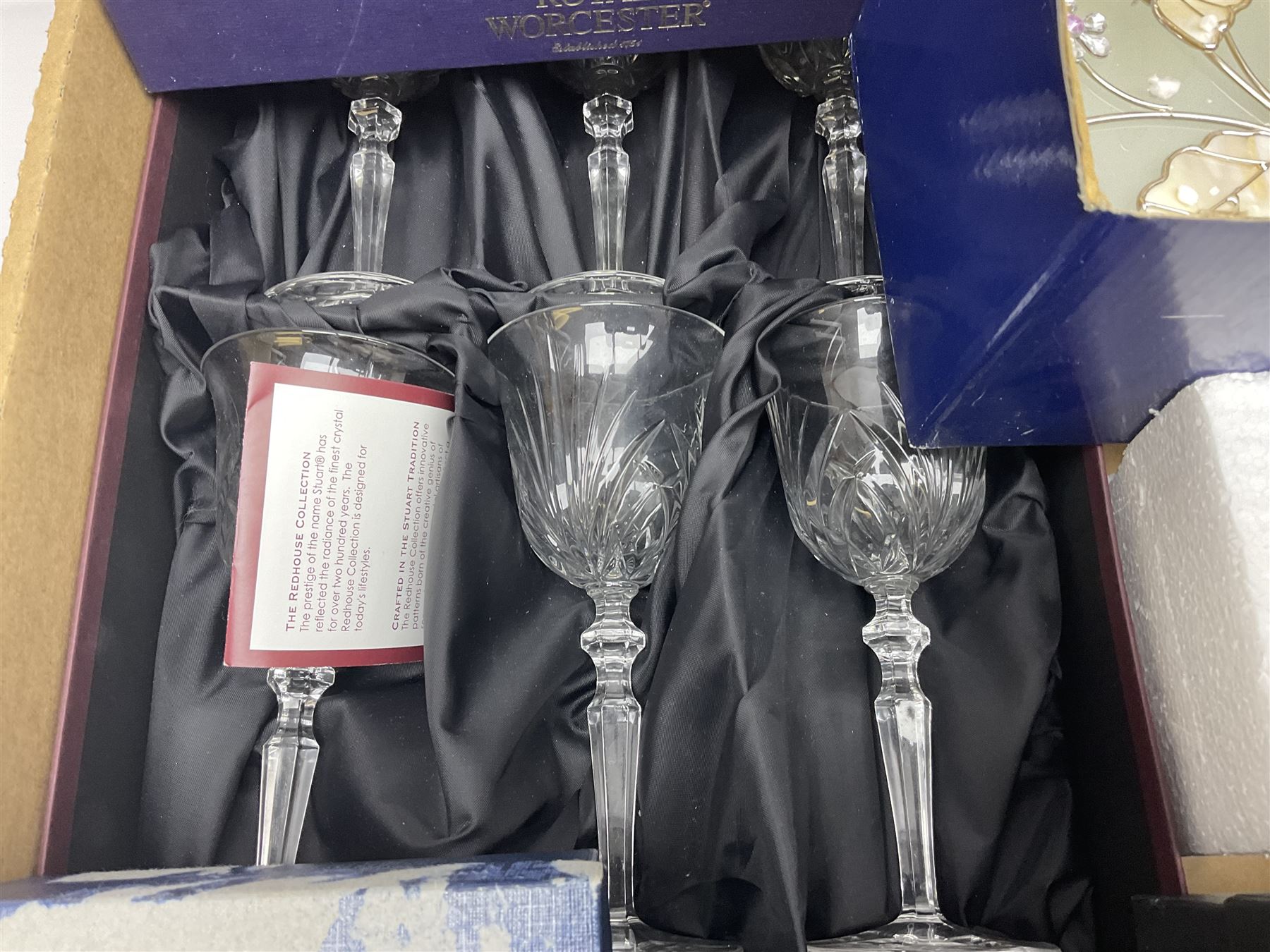 Juliana Treasure trinket, together with Stuart Crystal Redhouse Collection wine glasses, other glasses and flatware, in two boxes