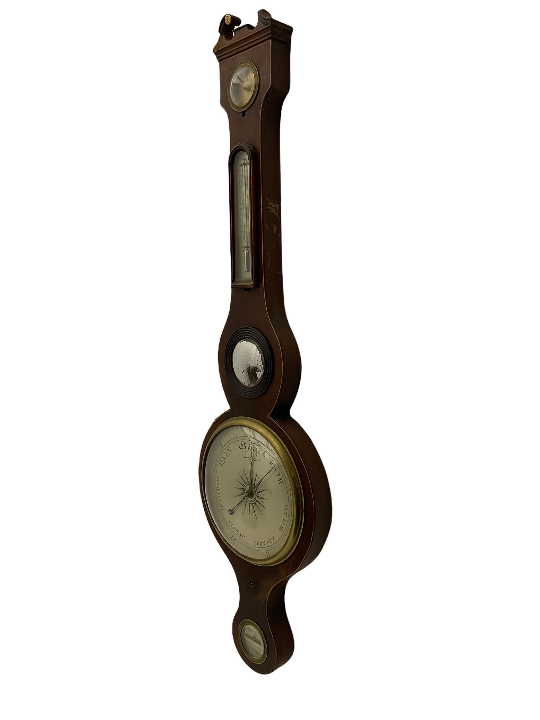 A mid Victorian mercury wheel barometer retailed by Thomas Grey of Newton Stewart, in a mahogany case with inlay to the edge, swans neck pediment and rounded base, with an 8” silvered register recording barometric air pressure from 28 to 31 inches with weather predictions, brass recording hand and steel indicating hand within a convex glass and cast brass bezel, silvered “butlers” mirror with reeded wooden surround and a round topped thermometer box with a mercury thermometer measuring degrees Fahrenheit, level bubble with silvered nameplate. H96cm
.

