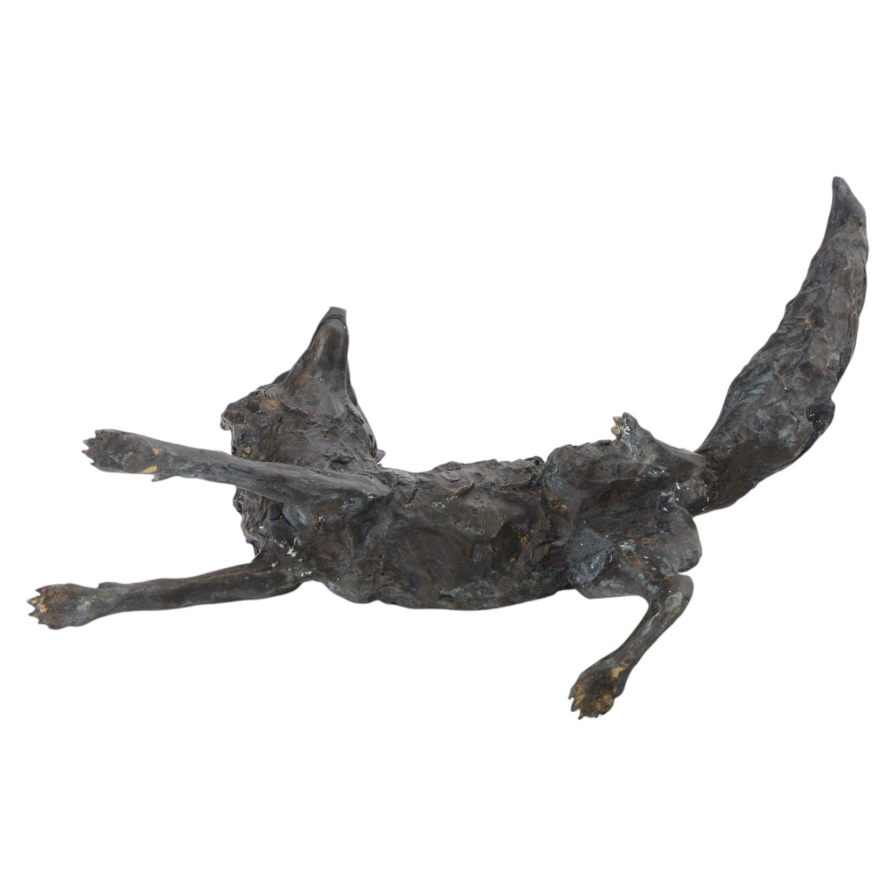Spelter figure of a crouching fox, H24cm, L70cm 