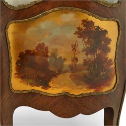 Louis XV revival kingwood Vernis-Martin serpentine fronted vitrine cabinet, arched top with gilt brass foliate mounts, glazed door with two shelves above three painted panels, depicting pastoral scenes, supported on out-swept cabriole legs with gilt brass mounts and sabots.