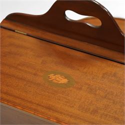 Early 20th century Edwardian mahogany work table, oval top inlaid with satinwood shell motif and stringing, hinged compartment fitted with letter rack and divided interior, on tapering legs with brass castors