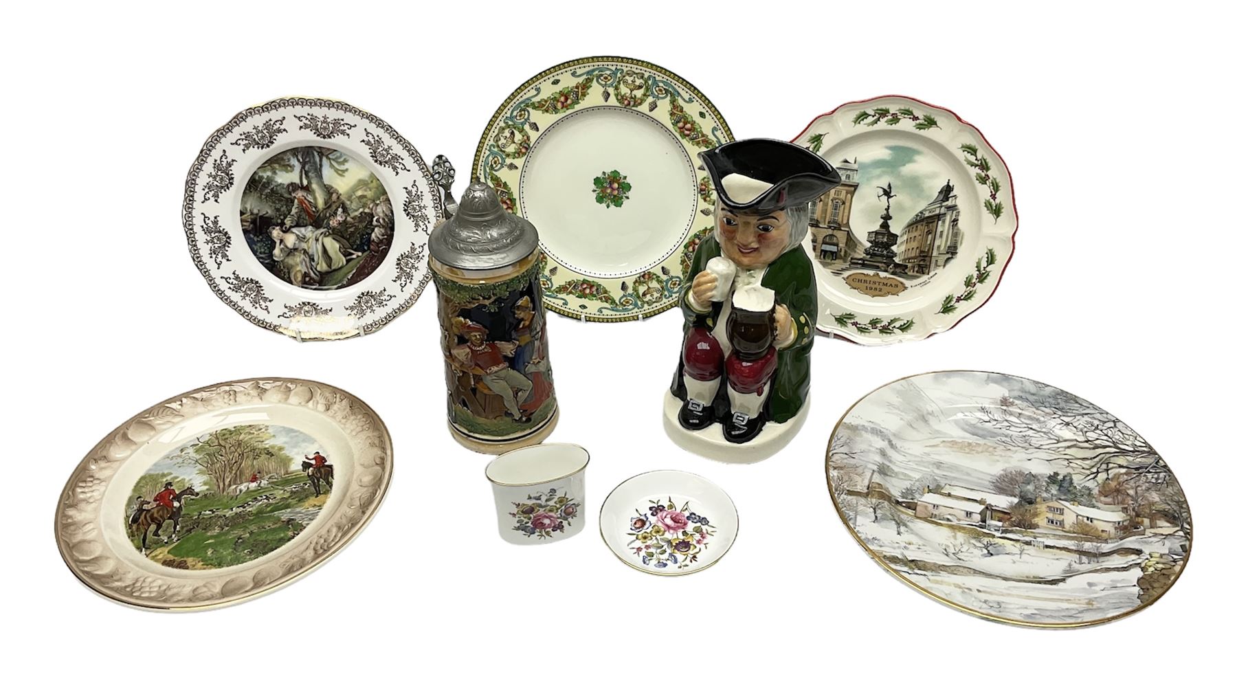 Royal Worcester trinket dish and vase, together with Palissy 'Herring Hunting Scenes' plate , Gerz West German Beer Stein, musical Toby jug and other ceramics 