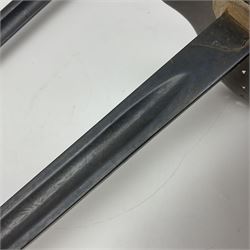 WW1 British Army 1897 Pattern Officers Sword, the 80cm fullered steel blade with traces of decoration and inscribed 'W.E. French 1914'; the basket hilt pierced with the George V cypher and wire-bound fish-skin grip L97cm overall; and WW1 British 1821 pattern Royal Artillery officer's sword with three-bar hilt; both lacking scabbard (2)