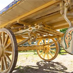 Advertising Trade Dray Wagon for C. Herring & Son, Hartlepool, Dated 1895 and Renovated 1975

An exceptionally decorative late Victorian horse drawn advertising trade dray, built by J. Herring of Hartlepool in 1895 and later renovated by C. Herring in 1975, as recorded by the painted inscription beneath the body. Finished in a striking cream and maroon livery with extensive hand painted signwriting, the wagon carries the name C. Herring & Son, Iron & Steel Processors, Hartlepool along its sides and rear panels. The wagon is fitted with a flat timber loading bed, twin shafts for a single horse, elegant spoked wooden wheels, iron bound tyres, rear headboard and traditional undercarriage with leaf spring suspension. Richly detailed scrollwork and lining throughout make this a particularly attractive example, suitable for collection, display, museum, promotional or coaching purposes.

Features

• Built by J. Herring, Hartlepool, 1895
• Renovated by C. Herring in 1975
• Original style hand painted advertising signwriting
• Flat timber loading platform
• Raised rear headboard with decorative pierced gallery
• Twin shafts for a single horse
• Wooden spoked wheels with iron tyres
• Traditional leaf spring suspension
• Extensive decorative lining and scrollwork throughout
• Attractive cream and maroon colour scheme
• Suitable for private collection, museum or display use

Dimensions:
Overall length: 560 cm
Body length: 300 cm
Width: 158 cm
Height: 150 cm

Wheel Diameters:
Front wheels: 76 cm
Rear wheels: 86 cm