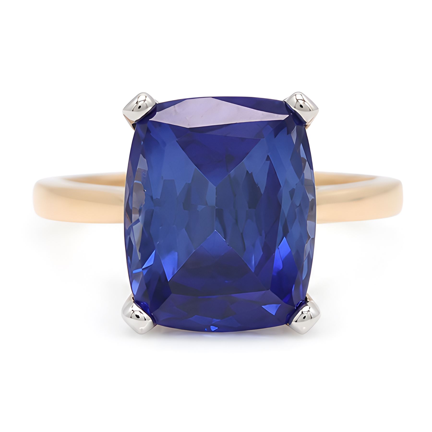 18ct rose gold and platinum synthetic sapphire ring, set with a single cushion cut sapphire of approx 6.95 carat, hallmarked
