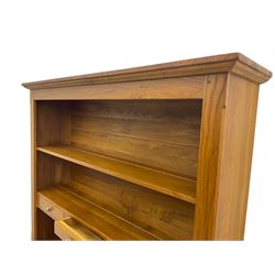Manor Oak - light oak dresser and rack, fitted with two shelves with three drawers, two deep drawers and pot baked base with basket storage
