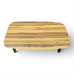 Contemporary zebrawood effect coffee table, rounded rectangular top raised on a gloss black metal frame
