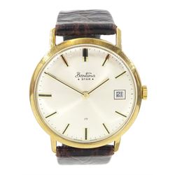 Bentima Star gentleman's 9ct gold manual wind wristwatch, silvered dial with baton hour markers and date aperture, Sheffield import mark 1975, on brown leather strap