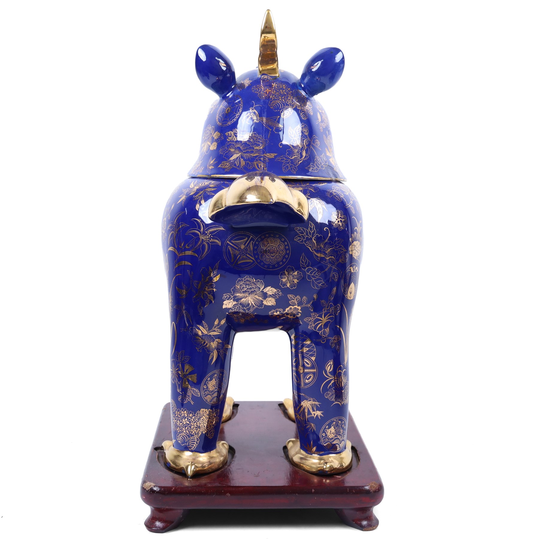 Pair of 20th century foo dog incense burners, decorated with gilt flowers and insects upon a blue ground, on wooden stands, H58cm 
