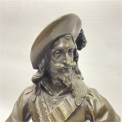 Bronzed figure of a cavalier upon a square base, H33cm 