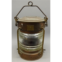  Seahorse copper and brass Not Under Command Ships lamp, No. 10757, cylindrical caged body with C.B & Co. clear glass lens with  red filter, swing handle, H38cm   
