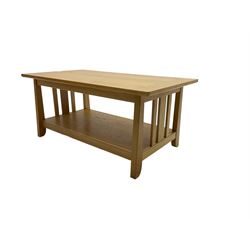 Light oak coffee table, rectangular top with under-tier and slatted sides