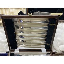 Large collection of silver-plated cased cutlery, to include Elkington & Co fish knives, forks and servers with simulated ivory handles, together with another similar example in wood case, fruit servers with shell terminals, Sheffield EPNS, carving set, etc