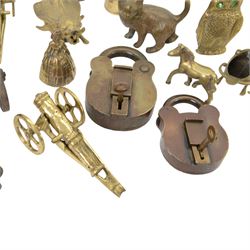 Collection of brassware, including money box in the form of a post box, cannon, jardiniere etc  