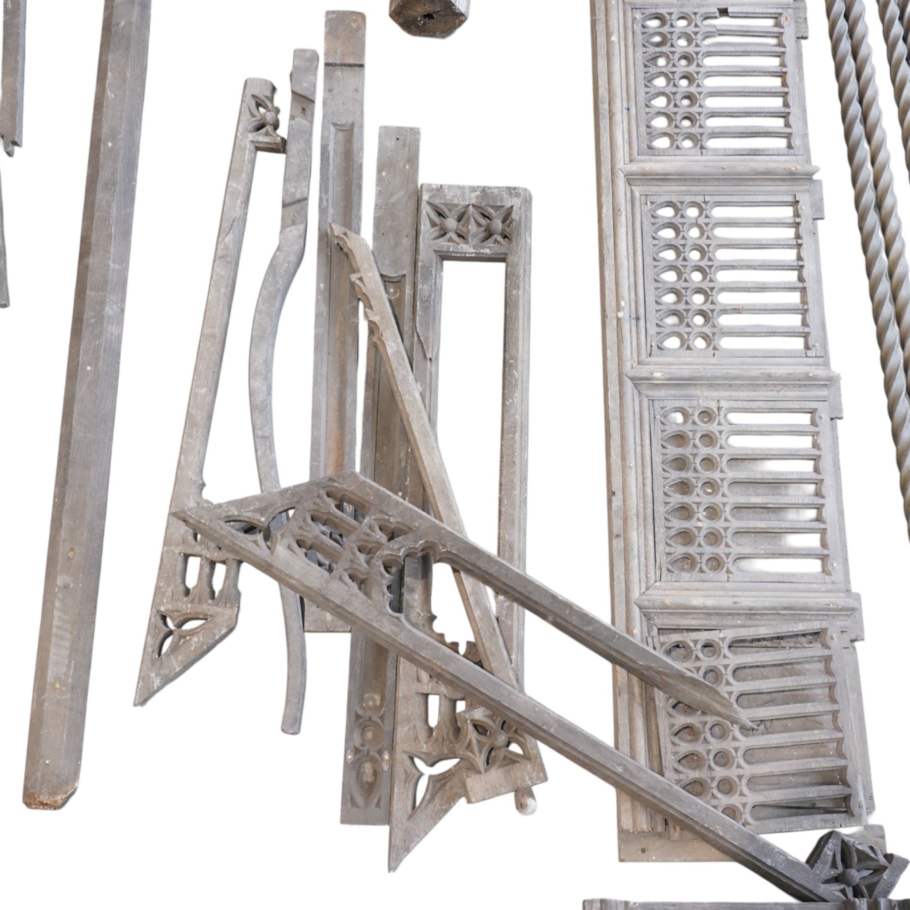 Architectural Salvage - Quantity of 19th century oak church panels including gilt decorated statue stand, carved fret work rails, confessional door with carved uprights etc
Notes: Removed in the 19th century from the church in the grounds of a private Yorkshire estate 
Provenance: property of a Nobleman