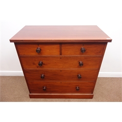  Late Victorian mahogany chest, two short and three long drawers, plinth base, W109cm, H106cm, D56cm  
