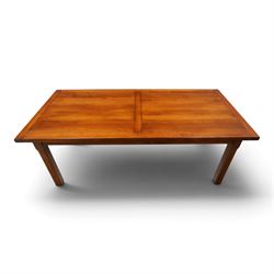 French cherry wood extending dining table, rectangular top on square chamfered supports with two additional leaves; with Batheaston - set of eight cherry wood waived ladder back dining chairs with rush seats (W46cm H98cm)