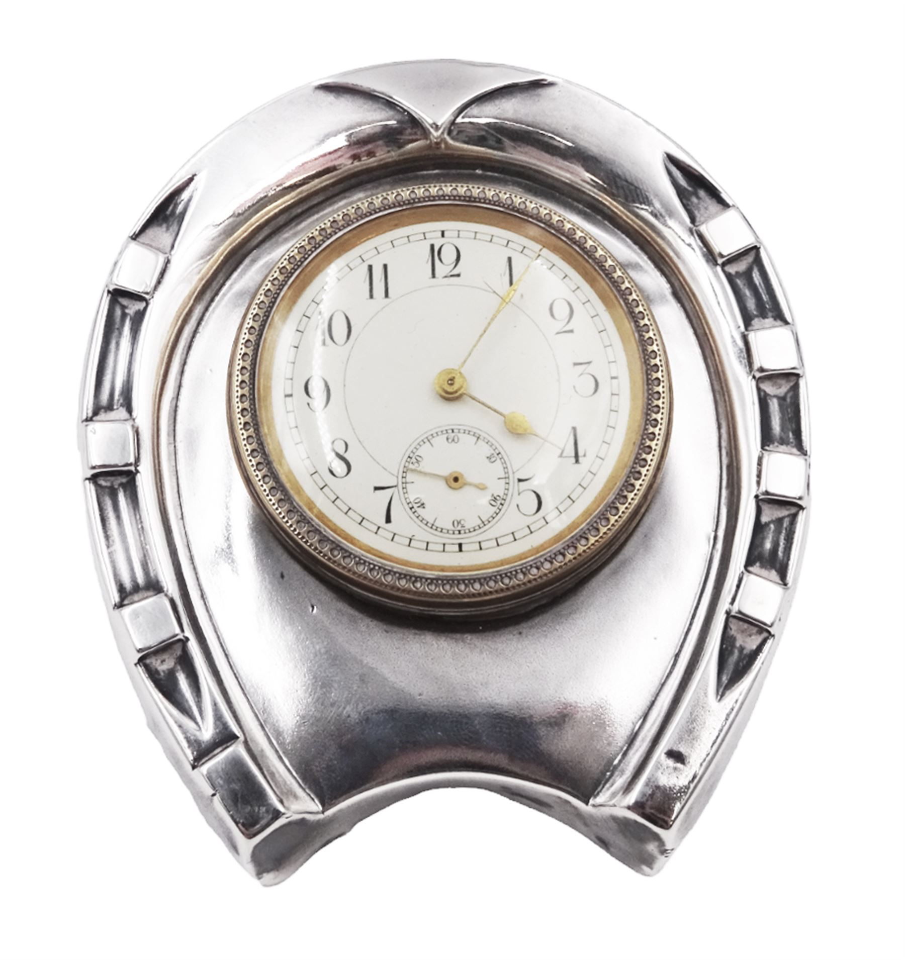 Victorian silver mounted desk clock, in the form of a horseshoe, the dial within a gilt border, with subsidiary second dial, hallmarked Douglas Clock Co, Birmingham 1897, H8.5cm