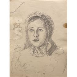 Attrib. Harold Knight (Staithes Group 1874-1961): 'Maggie Ward Verrill' 'Mrs Hannah Ward' et al., six pencil sketches unsigned some titled 26cm x 20cm (unframed)
Provenance: Hannah Ward was the vendor's great great grandmother and Margaret Verrill, Hannah's daughter. The Ward/Verrill families who lived in Gun Gutter and Church Street Staithes, had connections with Harold Knight. Hannah who owned three or four cobles and several properties in Staithes probably features in several of Knight's paintings

