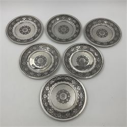 Early/mid 20th century Persian silver tea service, comprising circular serving tray, teapot, twin handled sucrier and cover, milk jug, five tea glasses with six silver holders, six tea spoons, and pair of sugar tongs, each profusely chased with foliate arabesque decoration, each bearing marks including 84 for 840 fineness, tray D40cm, teapot H16cm