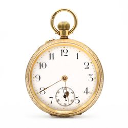 Edwardian 18ct gold open face keyless lever fob watch, white enamel dial with Arabic hour ...