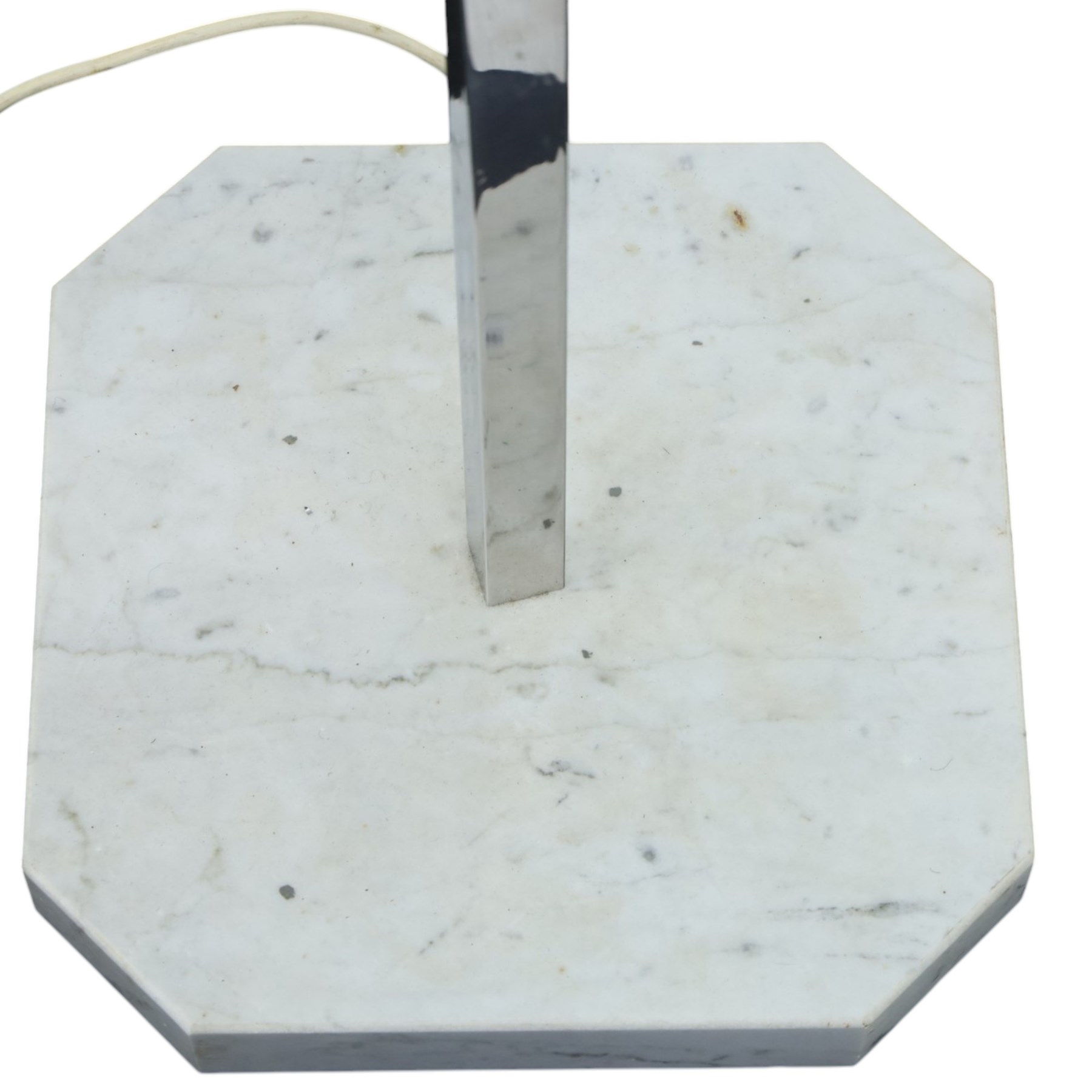 1970s modernist chrome standard lamp, fitted with six textured ice-glass cuboid shades arranged at differing heights, square-section stem on shaped marble plinth base