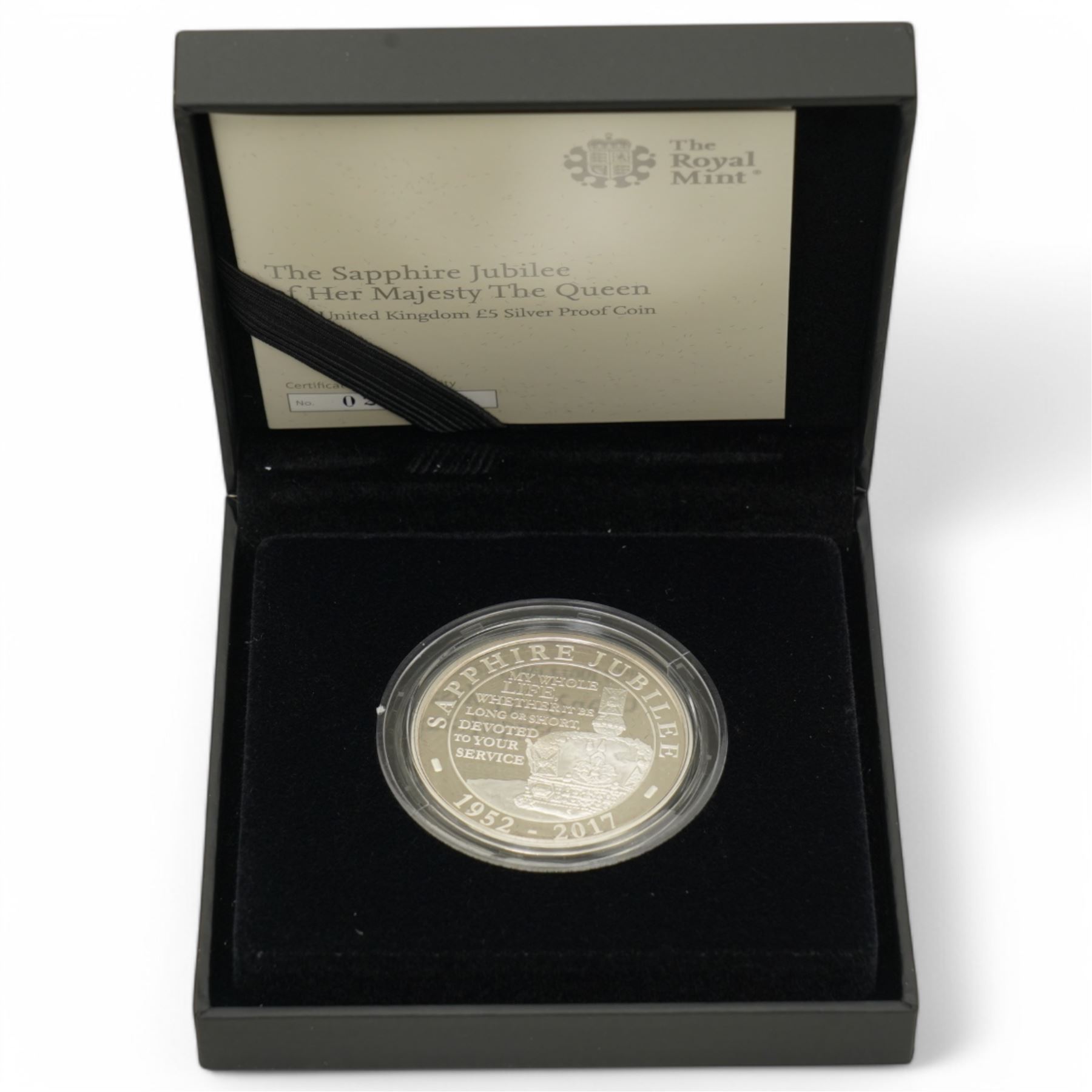 Four The Royal Mint United Kingdom silver proof five pound coins, comprising 2011 'The Royal Wedding', 2013 'The 60th Anniversary Of The Queen's Coronation', 2014 'The 300th Anniversary Of The Death Of Queen Anne' and 2017 'The Sapphire Jubilee Of Her Majesty The Queen', all cased with certificates