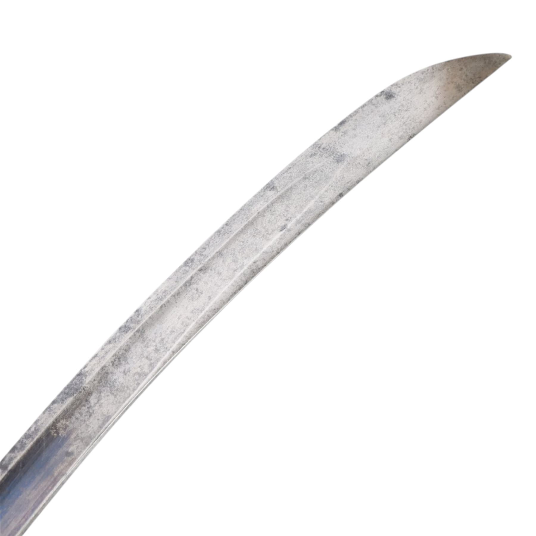 British 1796 pattern, light cavalry officers' saber, by Wooley, Deakin, Dutton of Birmingham, the 80cm single edge curved blade retaining traces of original blue and gilding which bears the coat of arms of George III and military trophies, the steel stirrup hilt with leather bound grip and original silver triple wire binding, within steel scabbard with twin suspension rings, overall L98cm  