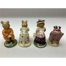 Fifteen Royal Doulton Brambly Hedge figures, comprising Wilfred Toadflax, Dusty Dogwood, Mrs Toadflax, Mr Apple, Primrose Woodmouse, Lord Woodmouse, Poppy Everbright, two Lady Woodmouse, two Old Mrs Everbright, Mr Toadflax, Mrs Apple, Santa Bunnykins and Bunnykins, together with three Royal Albert Wind in the Willows figures comprising Ratty, Badger and Mole, all with printed marks beneath (18)
