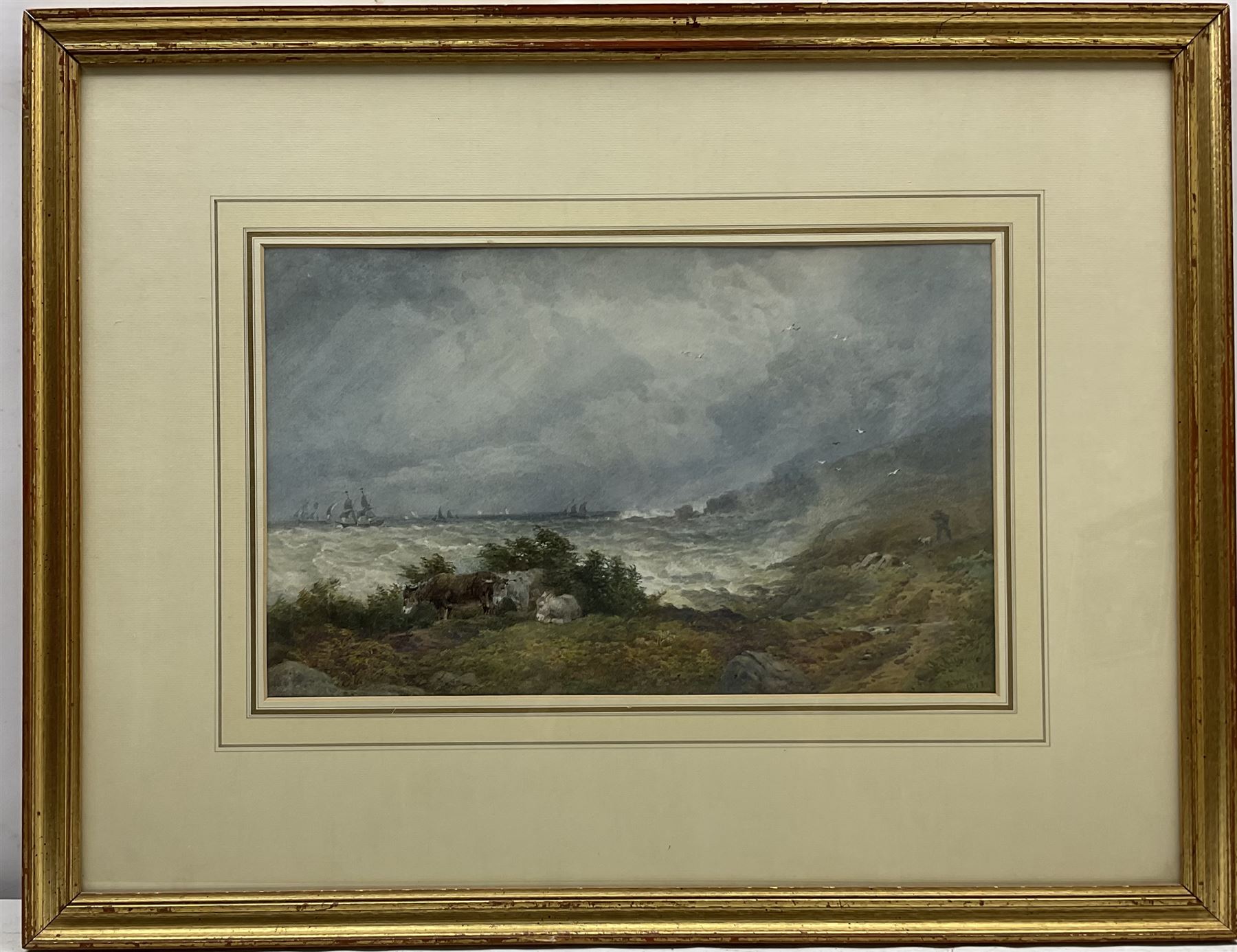 Edward Duncan RWS (British 1803-1882): Donkeys Sheltering from the Storm with Ships Floundering Beyond, watercolour signed and dated 1877, 24cm x 39cm
Provenance: dec'd estate purchased Gerard & Anne O'Farrell Watercolours, Faringdon, Oxfordshire, labelled verso 