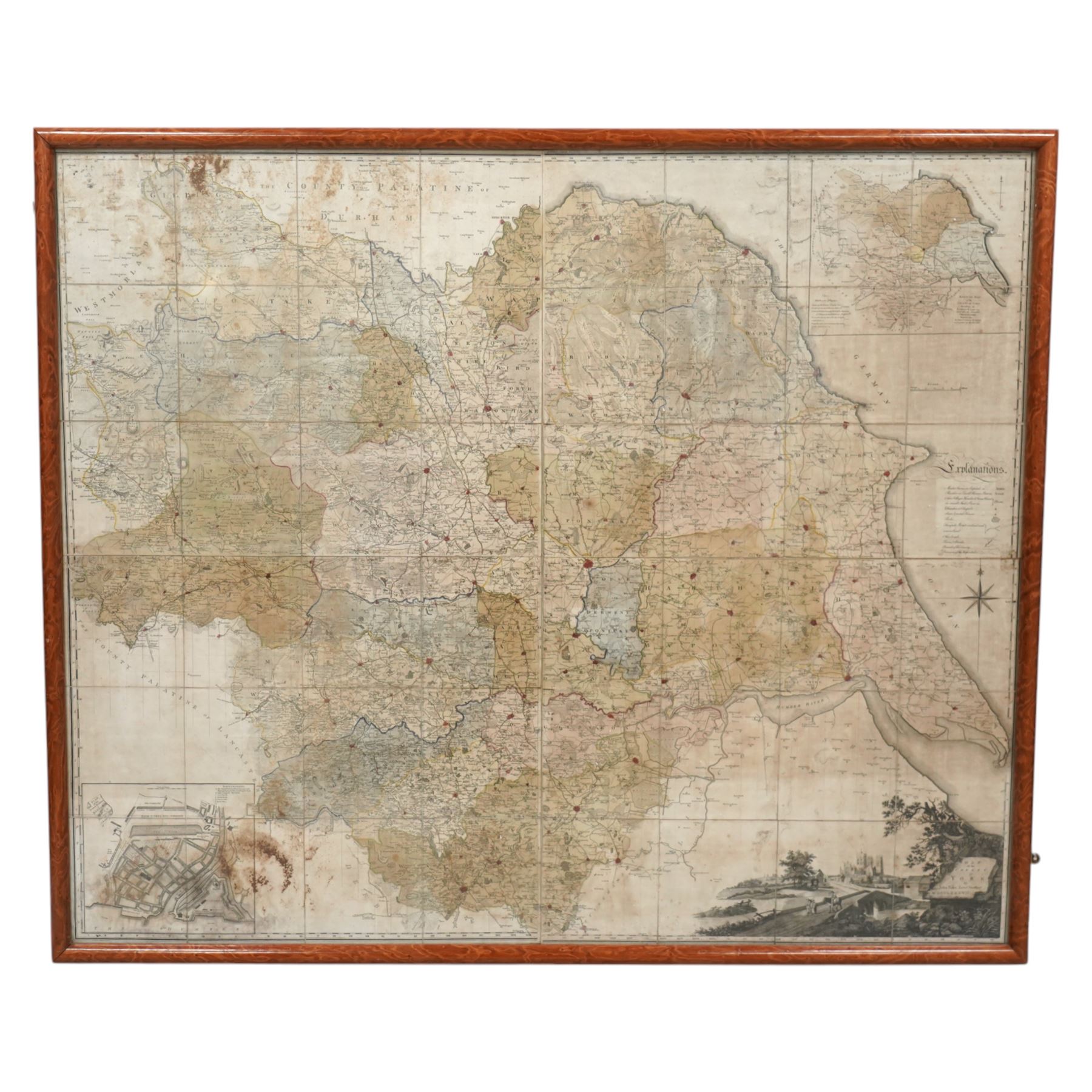 John Tuke (British 18th century): 'Map of the County of York', large engraved map with hand-colouring divided into 48 sections with a plan of the town and harbour of Kinston upon Hull, dated 1787, 120cm x 143cm